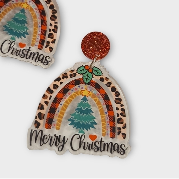 Leopard Print Plaid Merry Christmas Rainbow Dangle Fashion Earrings - Picture 7 of 10
